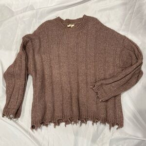Rose-Brown Distressed Hem Sweater